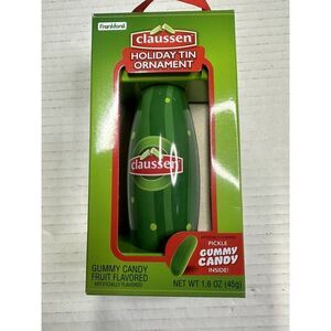 NEW CLAUSSEN Pickle Holiday Pickle Shaped Tin Ornament With Gummy Pickles Inside